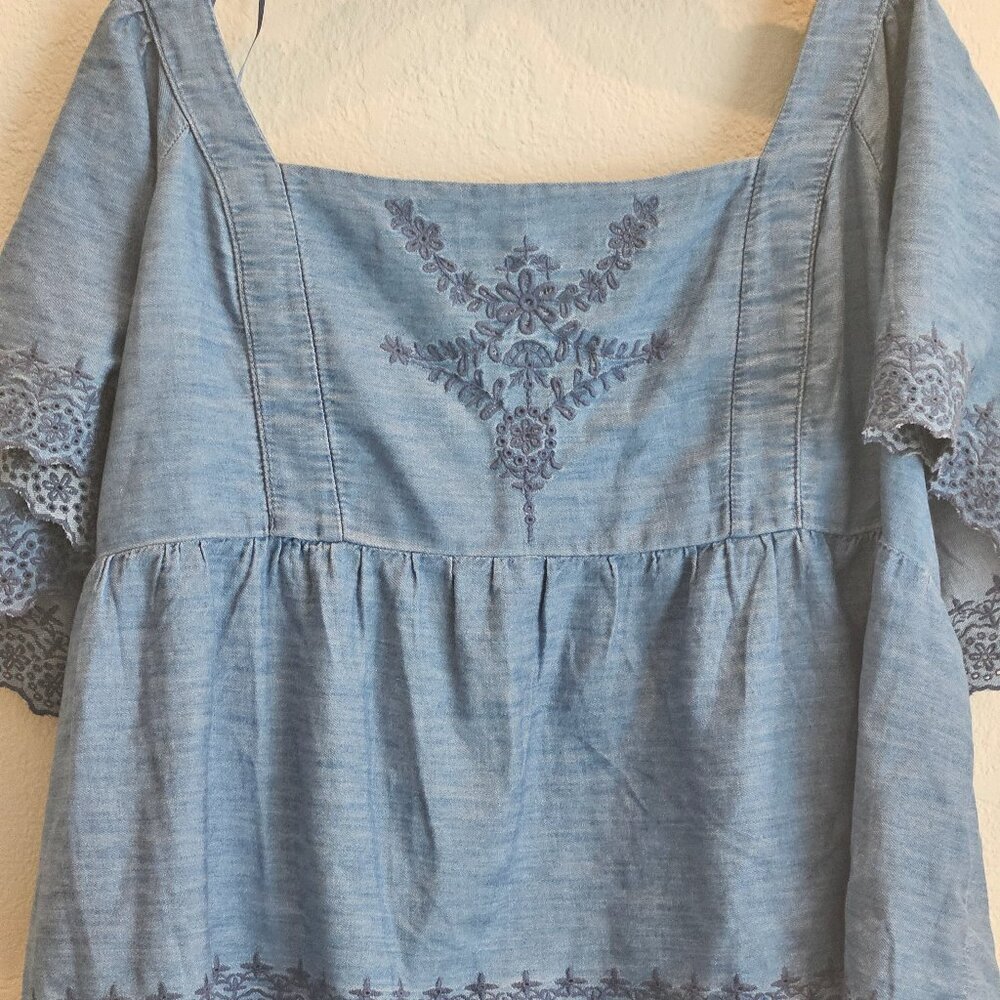 Old Navy boho Western baby doll blue shirt embroidery Smocked Puff Sleeve XXL